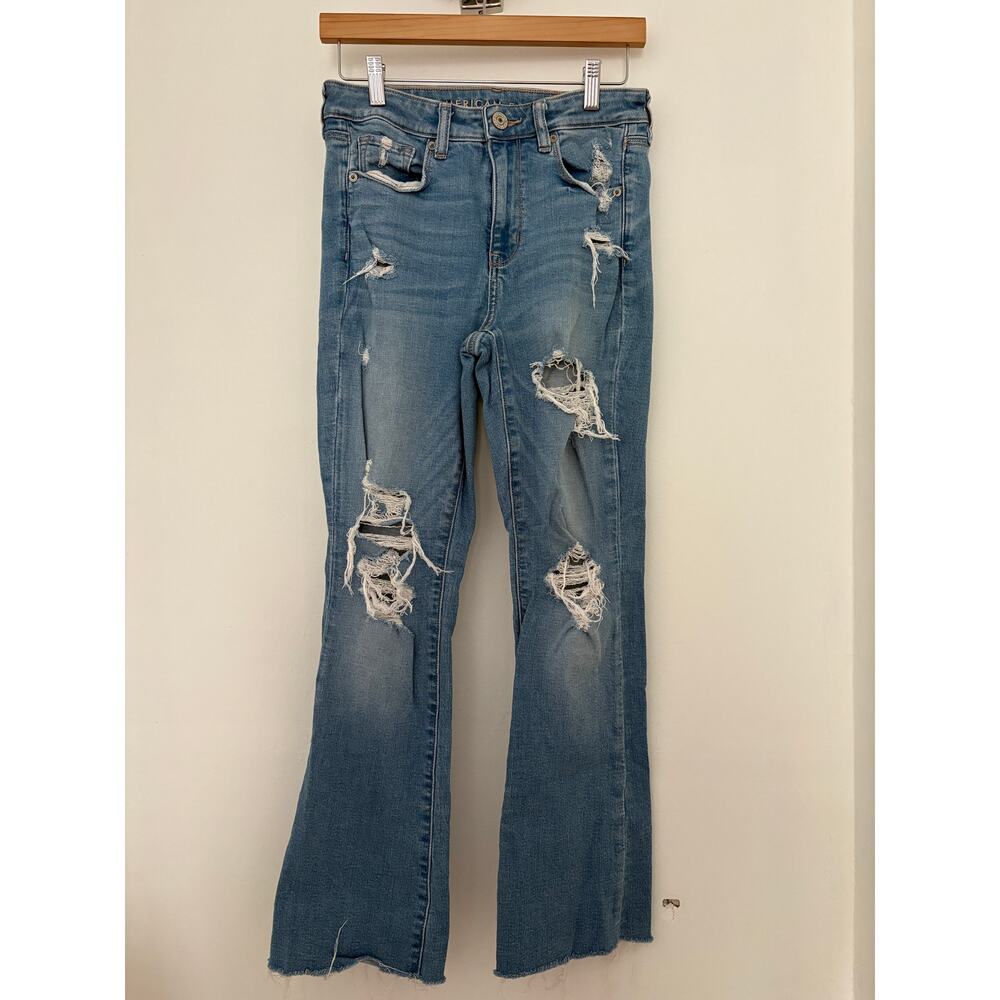 American Eagle The Kick Boot Distressed Flare Jeans Size 8 Short Pre-Owned